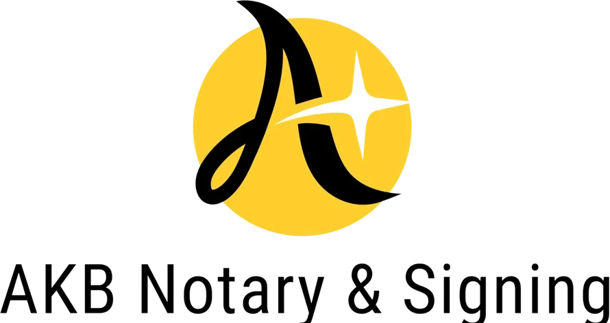 AKB Notary & Signing logo, a gold circle behind a script A and a four-point star
